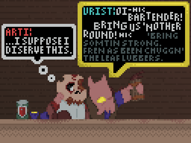 An tired looking undead skeleton slugcat, presumibly Artificer based on the textboxes, being embraced by a drunk looking dwarf. The dwarf is asking the bartender for another round of drinks, while Arti is lamenting their fate.