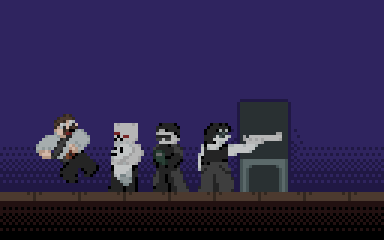 Several charaters from the Roblox game 'Five (Infinite) Nights At Build To Survive The Cats' lined up to use a shooting rainge. Coolwoman is at the front, and is aiming a revolver downrainge. coolman is behind her, and is looking at a phone. Behind both of them is Catman, who is holding a slugcat up to blart, who is scared of it.