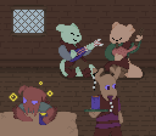 A tavern scene containing two slugcats preforming music, a dwarf wasted on karmic elixer, and a tall scavenger waiter.