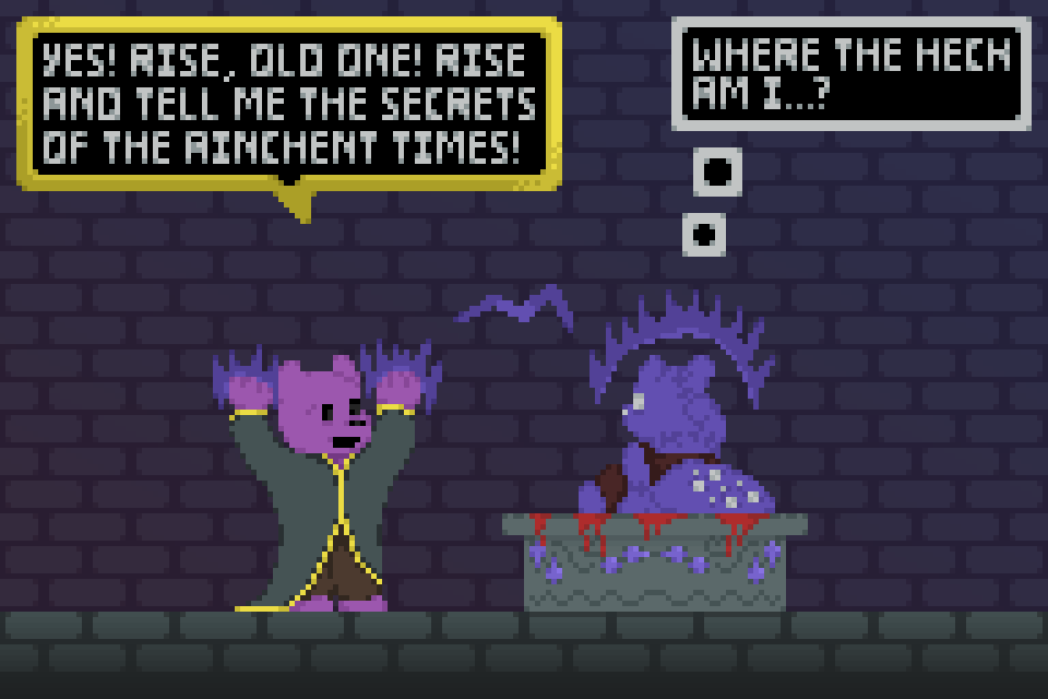 Spearmaster being resserected on a bloody ritual table by a pink necromancer slugcat. The necromancer is exitedly exclaiming, while spearmaster is vary confused.