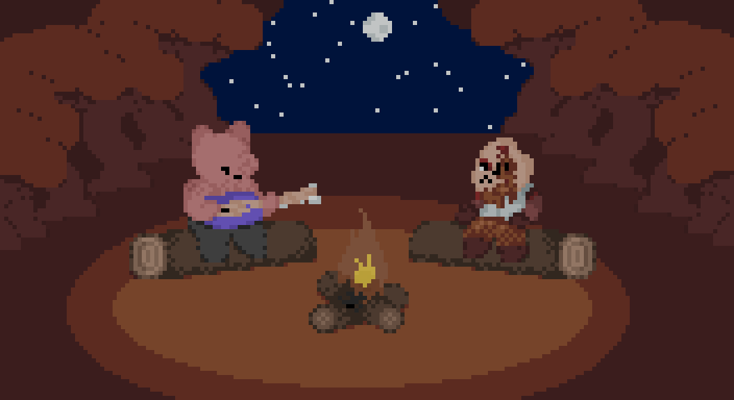 The slugcats Artificer and Hunter sitting around a fire in a dense orange forest. Hunter is playing a guitar-esque instrament.
